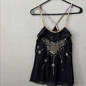 Free People Jeweled Sequined Tank Top Size 4 Black and Gold Racerback